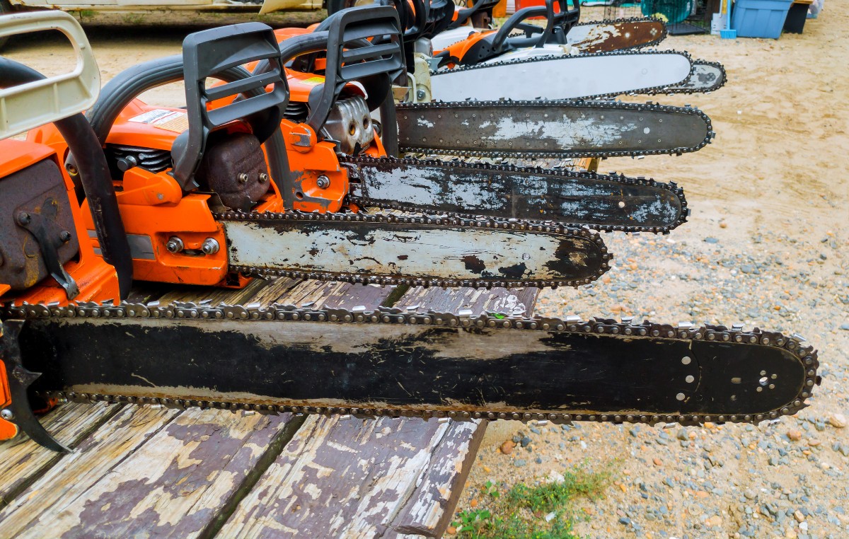 Chainsaws of different sizes lie on the table