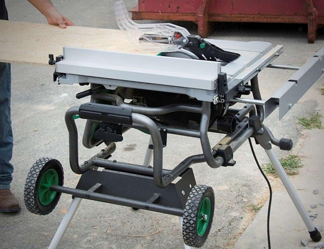 mobile table on wheels with a saw 